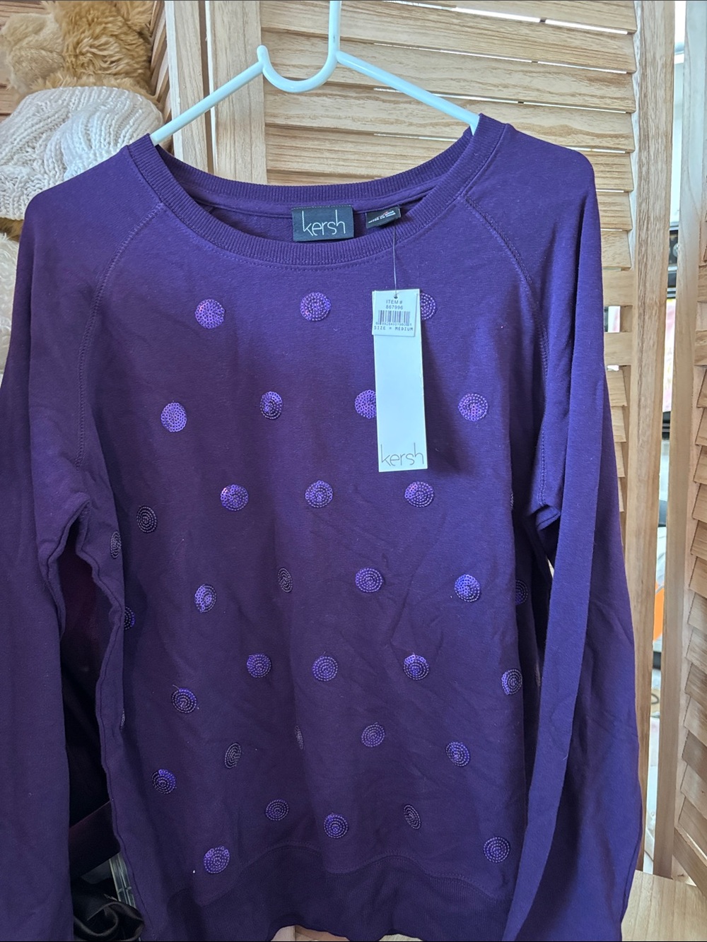 Kersh Purple Long-Sleeve Tee with Decorative Dots Medium NWT